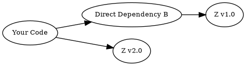 digraph {
    rankdir="LR";
    node [fontsize=10]

    yc [label="Your Code"]
    db [label="Direct Dependency B"]
    dtz1 [label="Z v1.0"]
    dtz2 [label="Z v2.0"]

    yc -> db -> dtz1;
    yc -> dtz2;
}